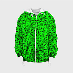 Куртка с капюшоном детская Черепа на кислотно-зеленом фоне, цвет: 3D-белый