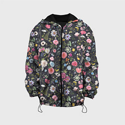 Куртка с капюшоном детская Разные цветы, листья, травы на темном фоне, цвет: 3D-черный