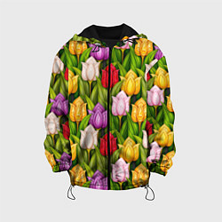 Куртка с капюшоном детская Объемные разноцветные тюльпаны, цвет: 3D-черный