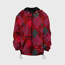 Куртка с капюшоном детская Красный лоскутный узор пэчворк, цвет: 3D-черный