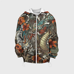 Куртка с капюшоном детская Тигр и дракон мифические, цвет: 3D-белый