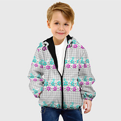 Куртка с капюшоном детская Цветочный узор бирюзово-розовый на сером клетчатом, цвет: 3D-черный — фото 2