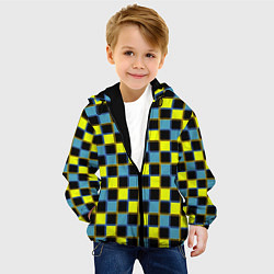 Куртка с капюшоном детская Желто-синий клетчатый яркий неоновый узор, цвет: 3D-черный — фото 2