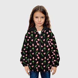 Куртка с капюшоном детская Тюльпаны и сердечки на черном - паттерн, цвет: 3D-черный — фото 2