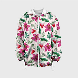 Куртка с капюшоном детская Арбузы, цветы и тропические листья, цвет: 3D-белый