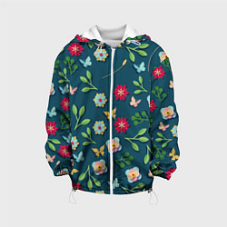 Куртка с капюшоном детская Цветы и разноцветные бабочки, цвет: 3D-белый