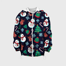 Куртка с капюшоном детская Снеговички с рождественскими оленями и елками, цвет: 3D-белый