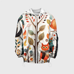 Куртка с капюшоном детская Совы в осеннем лесу в стиле фолк-арт, цвет: 3D-белый