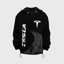 Детская куртка Tesla speed на темном фоне со следами шин вертикал