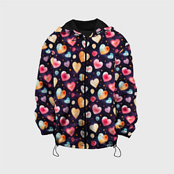 Куртка с капюшоном детская Паттерн с сердечками на Валентинов день, цвет: 3D-черный