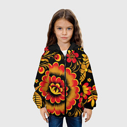 Куртка с капюшоном детская Хохломская роспись красно-жёлтые цветы на чёрном ф, цвет: 3D-черный — фото 2