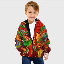 Куртка с капюшоном детская Японский традиционный красный дракон золотой узор, цвет: 3D-черный — фото 2