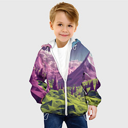 Куртка с капюшоном детская Геометрический зеленый пейзаж и фиолетовые горы, цвет: 3D-белый — фото 2