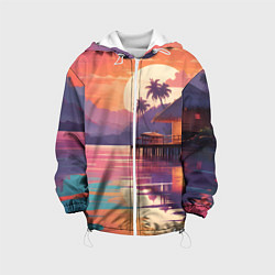 Куртка с капюшоном детская Летний домик пальмы закат, цвет: 3D-белый