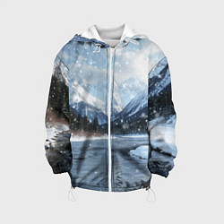 Куртка с капюшоном детская Снежный горный пейзаж с елями и рекой, цвет: 3D-белый