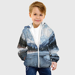Куртка с капюшоном детская Снежный горный пейзаж с елями и рекой, цвет: 3D-белый — фото 2