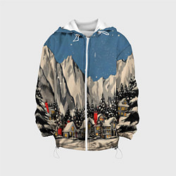 Куртка с капюшоном детская Небольшой новогодний город в горах, цвет: 3D-белый