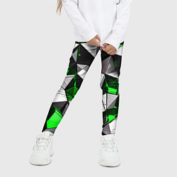 Леггинсы для девочки Зелёно-белые рельефные треугольники на чёрном фоне, цвет: 3D-принт — фото 2