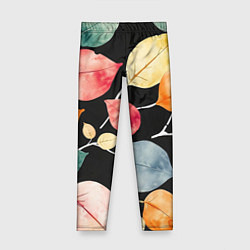 Леггинсы для девочки Разноцветные акварельные листья на чёрном, AI, цвет: 3D-принт
