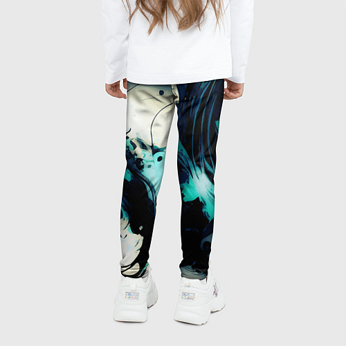 Детские легинсы Чёрный с бирюзовым абстракция тёмные краски / 3D-принт – фото 4