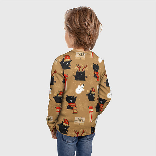 Детский лонгслив Черные новогодние коты / 3D-принт – фото 4