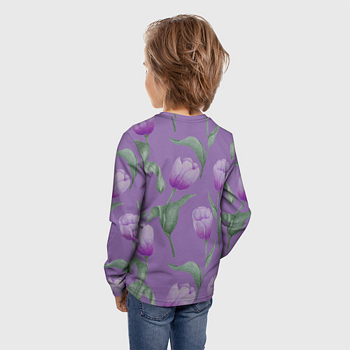 Детский лонгслив Фиолетовые тюльпаны с зелеными листьями / 3D-принт – фото 4
