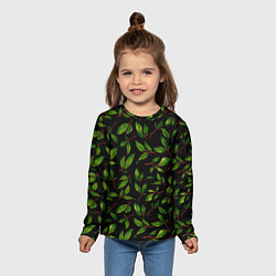 Лонгслив детский Яркие зеленые листья на черном фоне, цвет: 3D-принт — фото 2