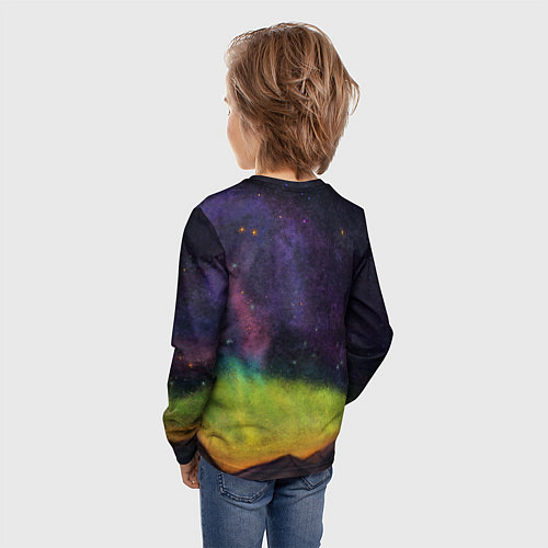 Детский лонгслив Горный пейзаж со звёздным небом и северным сиянием / 3D-принт – фото 4
