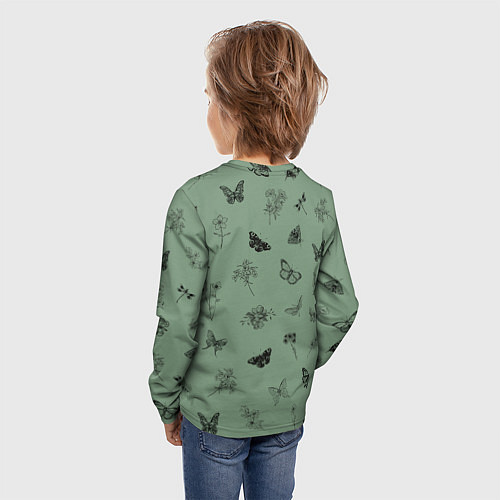 Детский лонгслив Цветочки и бабочки на зеленом фоне / 3D-принт – фото 4