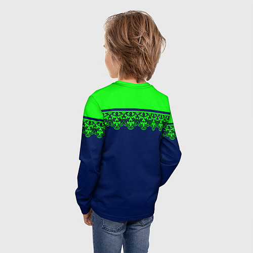 Детский лонгслив Green Lace Зеленое кружево на темном синем фоне / 3D-принт – фото 4