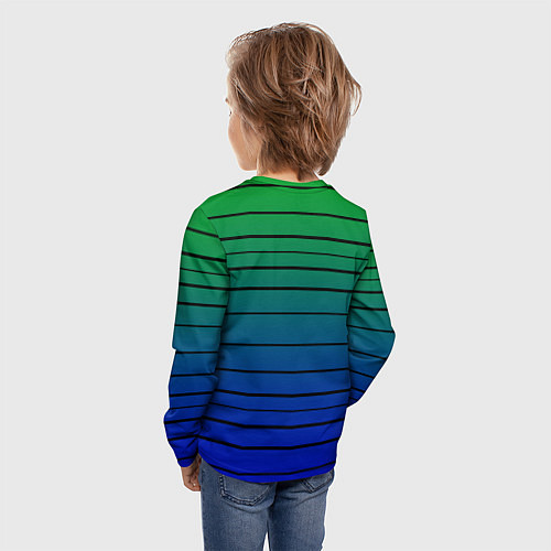 Детский лонгслив Черные полосы на синем, зеленом градиенте / 3D-принт – фото 4
