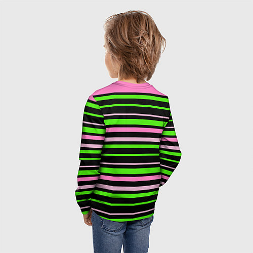 Детский лонгслив Полосаты узор в зелено-розовых оттенках на черном / 3D-принт – фото 4