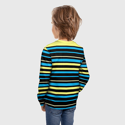 Детский лонгслив Желто-голубые полосы на черном фоне / 3D-принт – фото 4