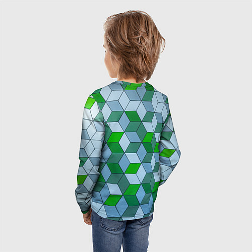 Детский лонгслив Зелёные и серые абстрактные кубы с оптической иллю / 3D-принт – фото 4