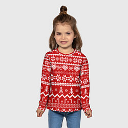 Лонгслив детский Новогодний узор на красном фоне, цвет: 3D-принт — фото 2