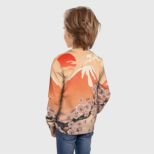 Детский лонгслив Ветка цветущей сакуры и вулкан / 3D-принт – фото 4