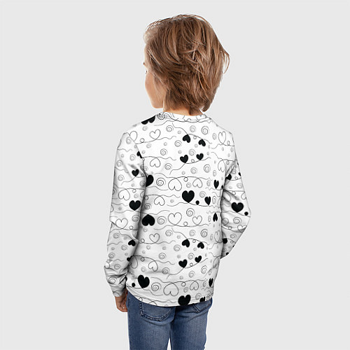 Детский лонгслив Узор из черно-белых сердец на белом фоне / 3D-принт – фото 4