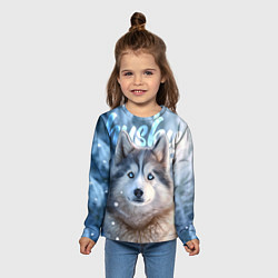 Лонгслив детский Хаски с голубыми глазами в зимнем лесу, цвет: 3D-принт — фото 2