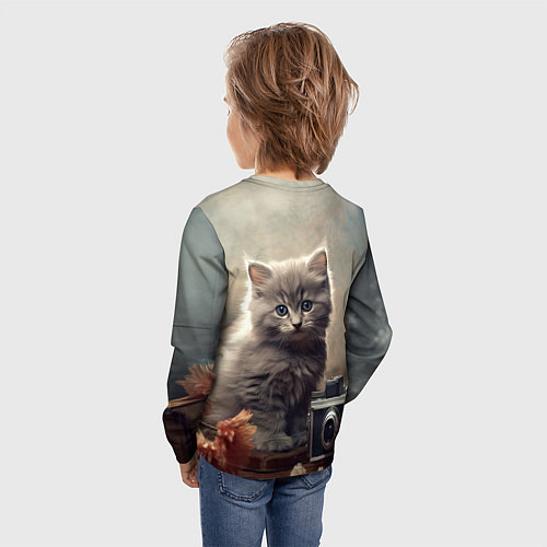 Детский лонгслив Серый котенок, винтажное фото / 3D-принт – фото 4