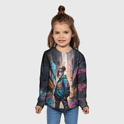 Лонгслив детский Японская девушка в худи, цвет: 3D-принт — фото 2