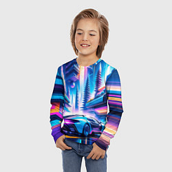 Лонгслив детский Киберпанк - спорткар в неоновом городе, цвет: 3D-принт — фото 2
