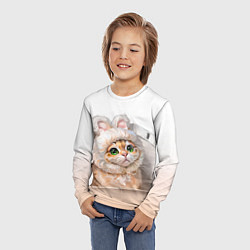 Лонгслив детский Милый кот-мем в шапке с ушками - бежевый градиент, цвет: 3D-принт — фото 2