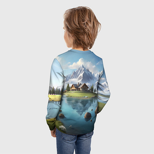 Детский лонгслив Чудесный день на берегу озера в горах / 3D-принт – фото 4