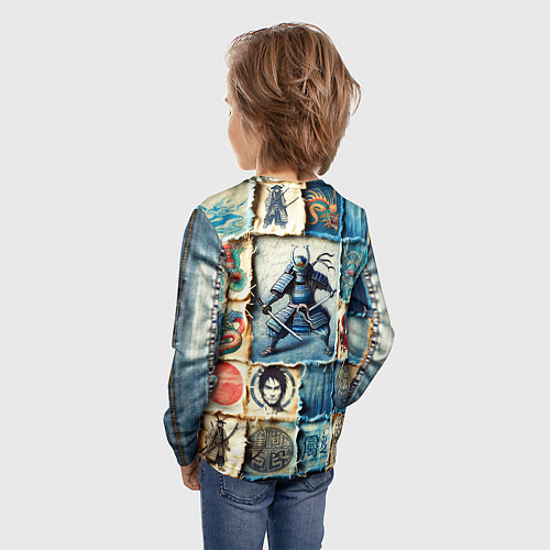 Детский лонгслив Самураи на пэчворк дениме / 3D-принт – фото 4