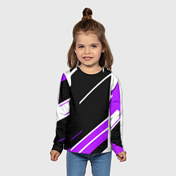 Лонгслив детский Бело-фиолетовые полосы на чёрном фоне, цвет: 3D-принт — фото 2
