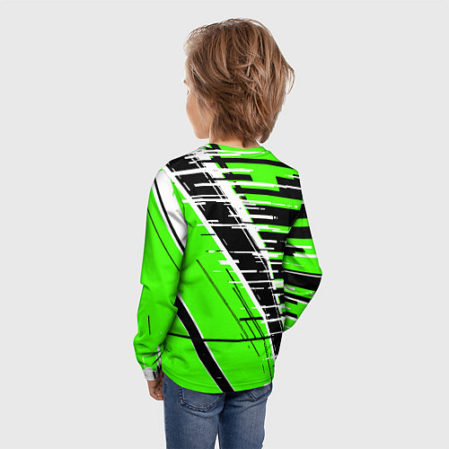 Детский лонгслив Чёрно-белые глитч полосы на зелёном фоне / 3D-принт – фото 4