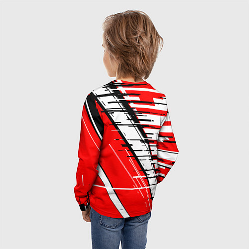 Детский лонгслив Чёрно-белые глитч полосы на красном фоне / 3D-принт – фото 4