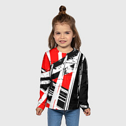 Лонгслив детский Чёрно-белые абстрактные линии на красном фоне, цвет: 3D-принт — фото 2