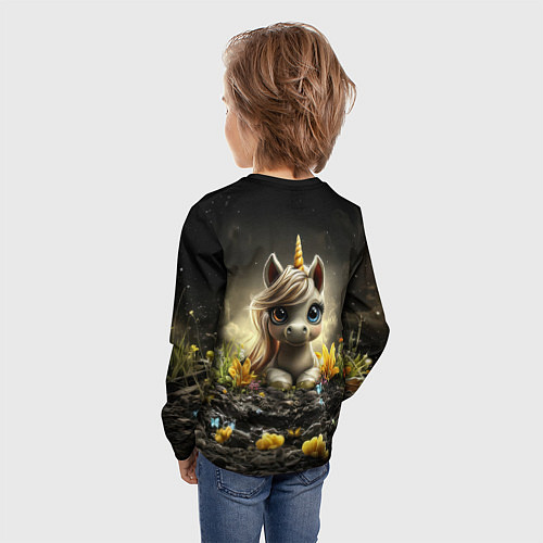 Детский лонгслив Белая единорожка на черном фоне / 3D-принт – фото 4