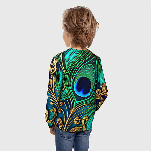 Детский лонгслив Зеленые перья павлина / 3D-принт – фото 4